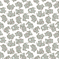 Cute kawaii rhino. Seamless pattern. Cartoon funny rhinoceros. Animal character. Hand drawn style. Vector drawing. Design ornaments.