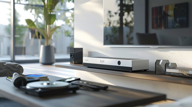 Modern living room with sleek audio equipment, flat-screen TV, and contemporary decor in a well-lit and stylish space. - Powered by Adobe