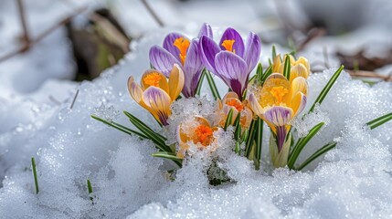 Colorful crocuses among the melted snow. First spring flowers