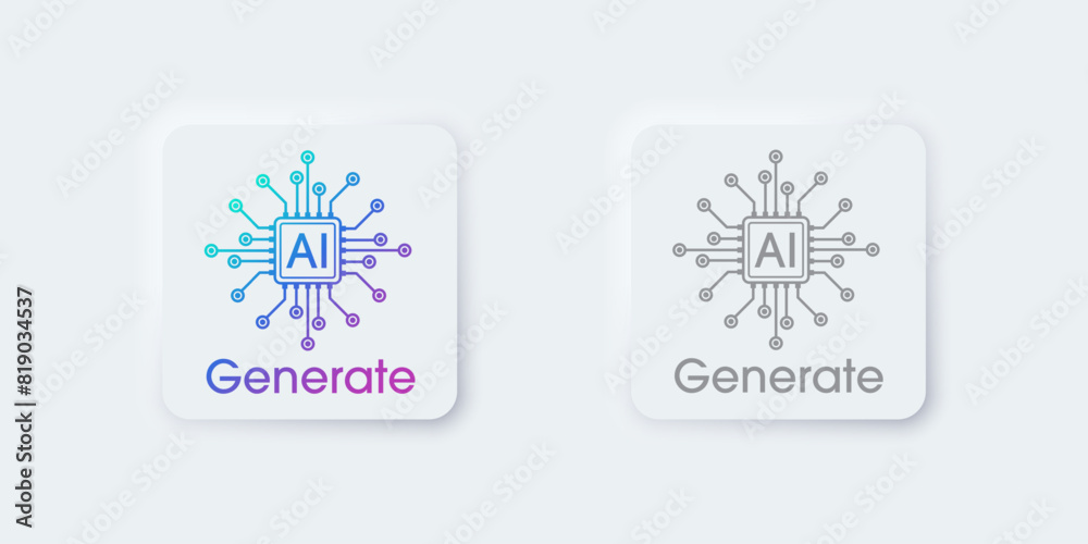 Poster Generate AI button. Artificial intelligence and Machine learning technology concept. AI enters by command prompt to generate ideas. Chat with AI.  UI UX design, Vector illustration.