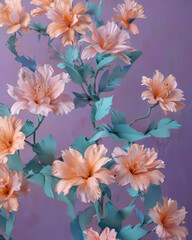 Matisse Style 3D Render of Cyan and Peach Flowers on Purple Background Gen AI