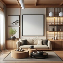 Blank Art Print photo frame mockup template of living room minimalism modern mediterania tropical rustic wood