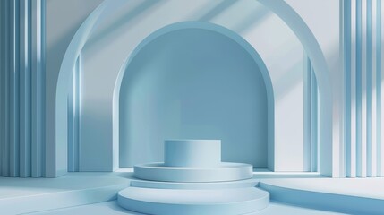 Pastel blue and white colors scene with podium and abstract background, suitable for social media banners, promotions, cosmetic product shows. Geometric shapes interior with a podium and abstract