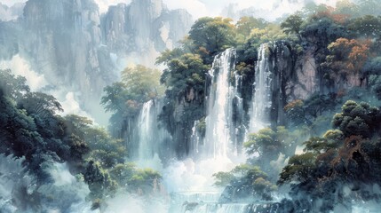 An inspiring watercolor painting of a majestic waterfall cascading down a rocky cliffside, surrounded by lush vegetation and mist, capturing the beauty of nature's power and serenity. 