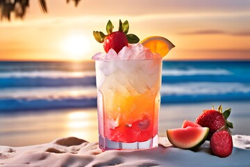 Cool frozen drink with layers of fruity flavors by ocean