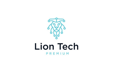 Lion tech line art style logo design template flat vector