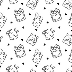 Funny kawaii monster cartoon. Seamless pattern. Coloring Page. Cute fantastic character. Hand drawn style. Vector drawing. Design ornaments.