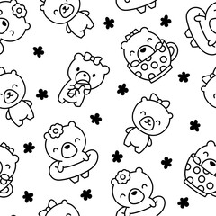 Cute kawaii teddy bear. Seamless pattern. Coloring Page. Cartoon funny animals character. Hand drawn style. Vector drawing. Design ornaments.