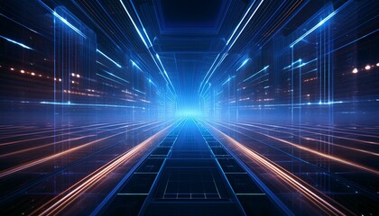 A high-tech, futuristic background with a matrix of glowing lines and digital symbols. 