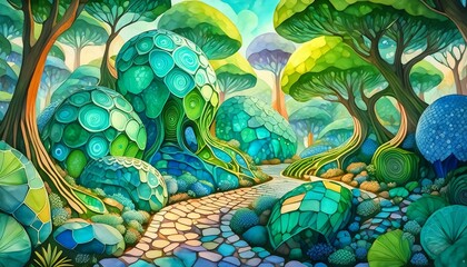 A tranquil park area featuring an art installation made entirely from recycled materials. 