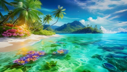 Fototapeta na wymiar A tropical island paradise with crystal-clear turquoise waters, lush palm trees, vibrant 