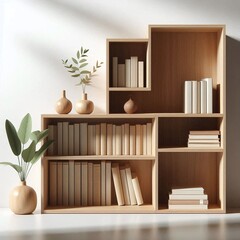 Modern Wooden Bookshelf with Decorative Items