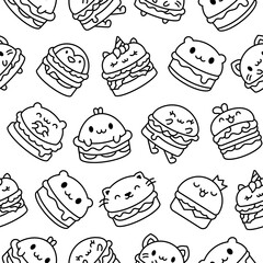 Cute kawaii animal burger. Seamless pattern. Coloring Page. Funny food. Cartoon cheeseburger. Hand drawn style. Vector drawing. Design ornaments.