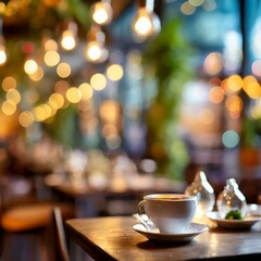 a blurred restaurant scene with colorful bokeh lights, highlighting the vibrant and lively ambiance