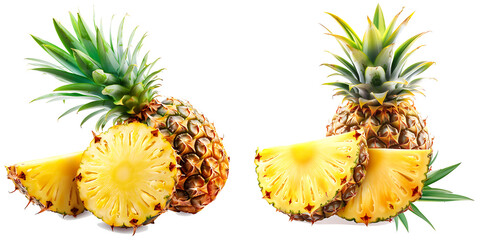 Whole pineapple and pineapple slice. Pineapple with leaves isolate on white. Full depth of field isolated on transparent background