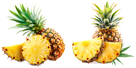 Whole pineapple and pineapple slice. Pineapple with leaves isolate on white. Full depth of field isolated on transparent background