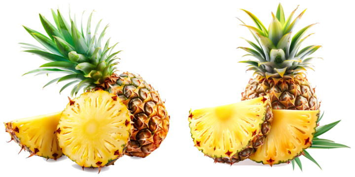 Whole pineapple and pineapple slice. Pineapple with leaves isolate on white. Full depth of field isolated on transparent background