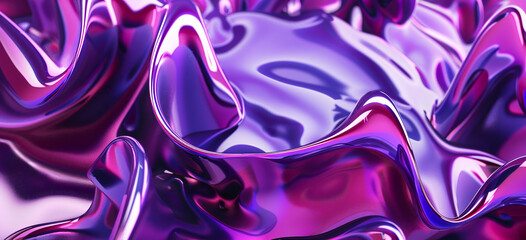 3D render, abstract purple and pink background with wavy shapes made of liquid metal for creative design