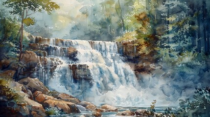 An inspiring watercolor painting of a majestic waterfall cascading down a rocky cliffside, surrounded by lush vegetation and mist, capturing the beauty of nature's power and serenity. 