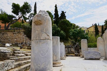 Ancient stone columns in the Roman Agora (market), in Athens, Greece