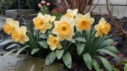 Fresh Spring Daffodils with Raindrops Flourishing in a Vibrant Garden Scene.