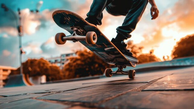 Dynamic moment of a skateboarder performing a trick mid-air, showcasing skill and agility, great for sports and streetwear brands.