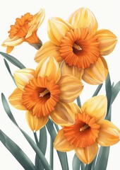 Exquisite Illustration of Lush Golden Daffodils with Rich Orange Centers on a Crisp White Background.