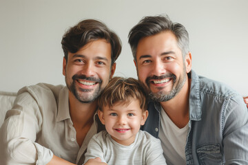 Fototapeta premium Happy gay couple with their son, laughing and playing together isolated on a white background, studio portrait
