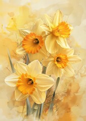 Naklejka premium Dreamy Golden Daffodils on a Soft Yellow Watercolor Splash Background, Full of Spring Energy.