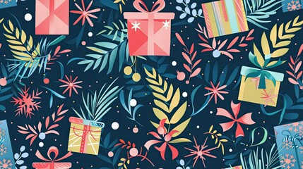 Obraz premium Seamless pattern with gift boxes and snowflakes 