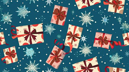 Obraz premium Seamless pattern with gift boxes and snowflakes 