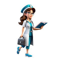 generative ai a female doctor walking carrying a bag and books with character illustration 3D rendering animation.