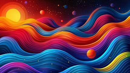 Obraz premium Geometric Background, Vibrant abstract pattern with colorful wavy lines and circles Illustration image,