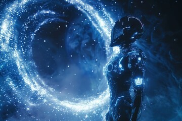Obraz premium Surreal depiction of an astronaut in a space suit gazing at a celestial swirling galaxy