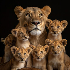 a lion surrounded by her six cubs. They are all standing on a black background. Lionesses are the primary caregivers for their cubs and will fiercely protect them from harm.  Lion cubs are born blind 