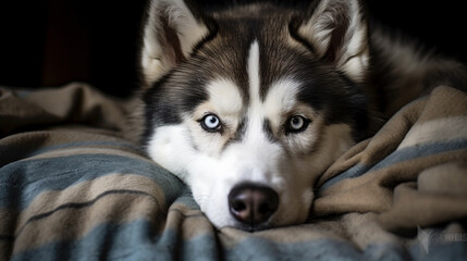 A wise and serene old Siberian Husky resting on a soft blanket, with a dreamy expression on its face.