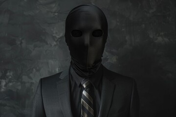 Obraz premium Concept of a liar, a man in a suit wearing black mask. Hiding his true identity, intentions, or actions