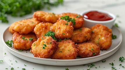 Plate of chicken nuggets with dip sauce isolated