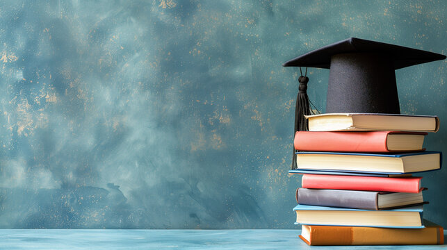 Photo of a stack of books with an academic cap 