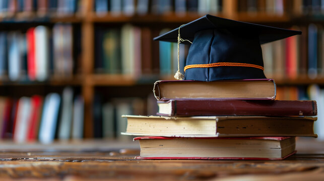 Photo of a stack of books with an academic cap 