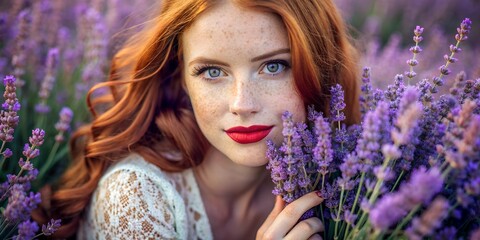 Beautiful girl with freckles and red bright hair, with bright makeup and red lips close-up, near...