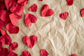 Red heart pieces from scattered crumpled brown paper form a frame on crumpled paper with negative space. Valentine's day background.