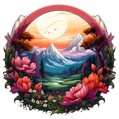 A painting of flowers and mountains on dishware serveware