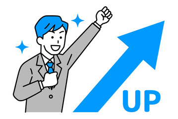 上昇する矢印とガッツポーズで喜ぶスーツの男性