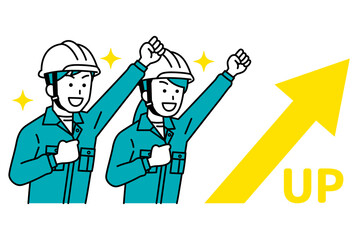 上昇する矢印とガッツポーズで喜ぶ作業員の男女　セット