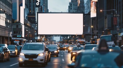 A cityscape at twilight with busy traffic and a large blank billboard, ideal for advertising
