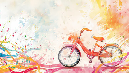 A colorful bike with a ribbon tied to the handlebars