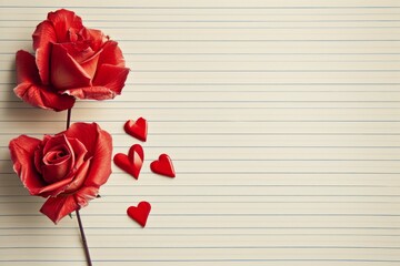 Two roses on lined book paper for writing a love letter with copy space. Valentine's day background.