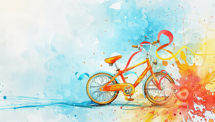 A colorful bike with a ribbon tied to the handlebars