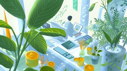 Finance industry professional analyzing data and preparing reports with computers and calculators